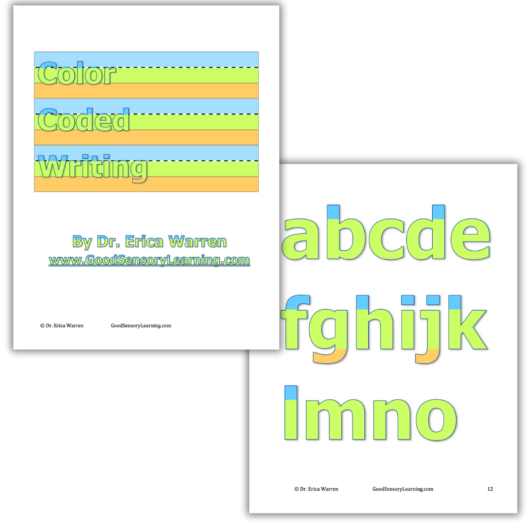 Sample images from Color Coded Writing publication showing colorful letters