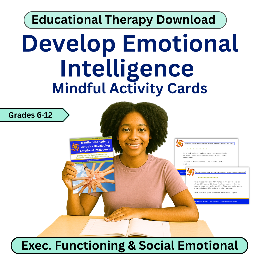 Book cover of 'Develop Emotional Intelligence Mindful Activity Cards' with a girl holding the book and text about educational therapy download.
