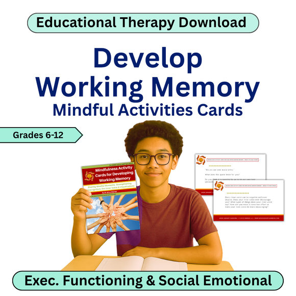 Person holding a card with mindfulness activities for developing working memory, educational therapy download.