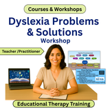 Advertisement for Dyslexia Problems & Solutions Workshop with a woman at a desk and educational graphics.