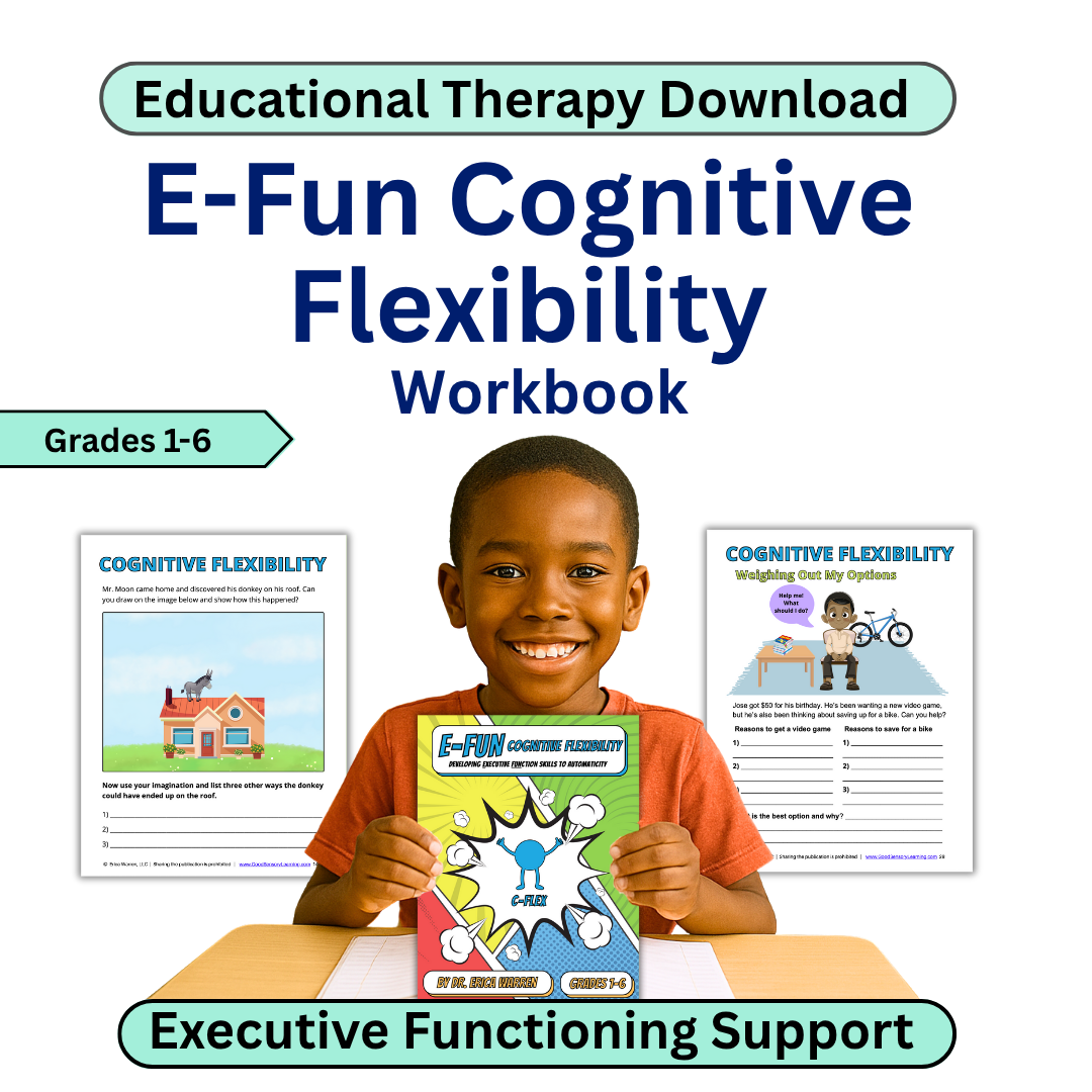 E-Fun Cognitive Flexibility Workbook for grades 1-6 with a child holding the book on a white background.