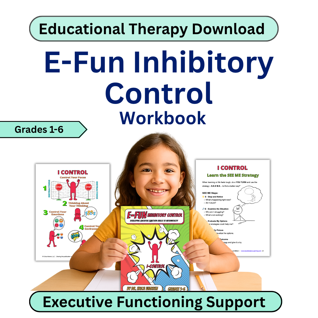 E-Fun Inhibitory Control Workbook for grades 1-6 with a child holding the workbook.