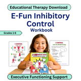 E-Fun Inhibitory Control Workbook for grades 1-6 with a child holding the workbook.