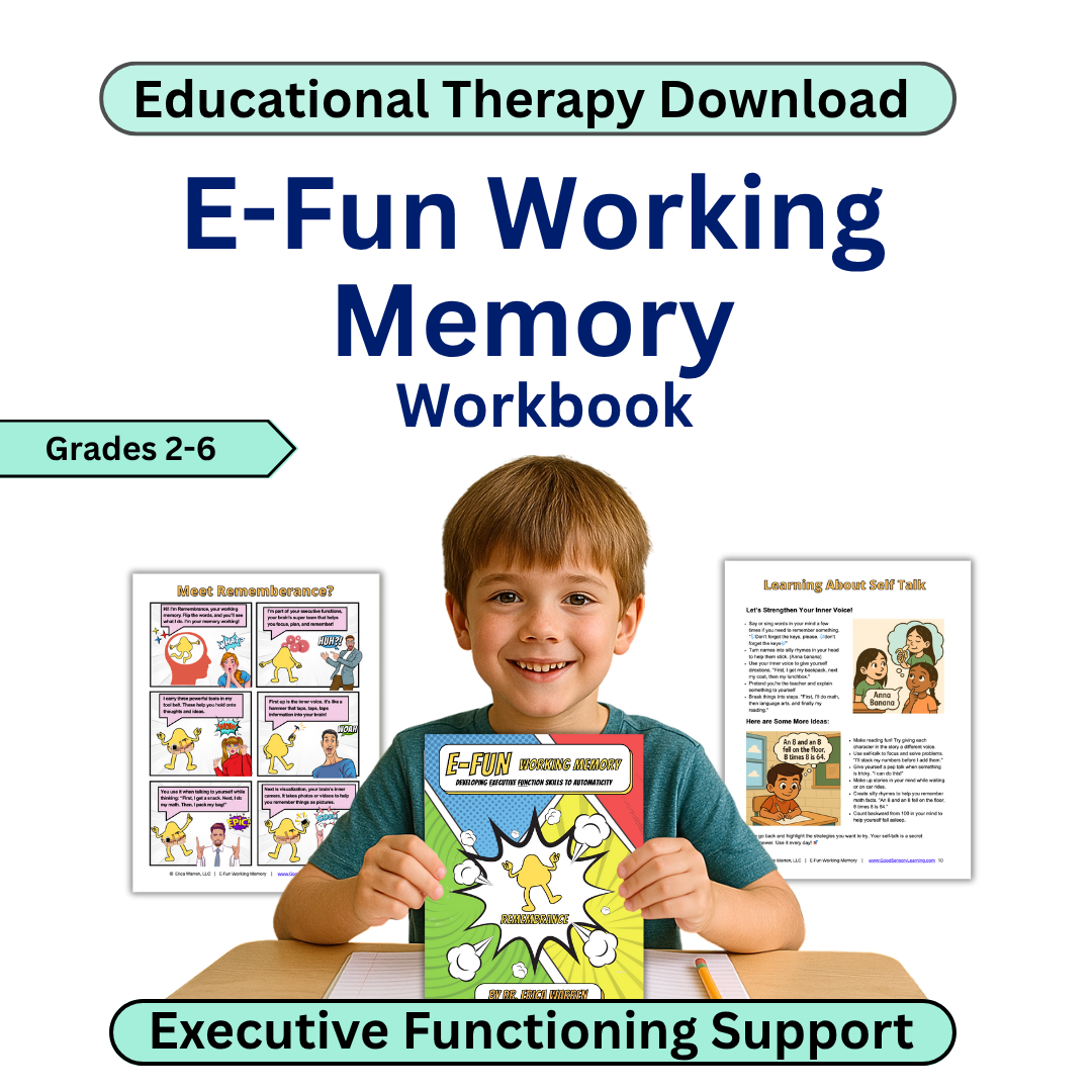 E-Fun Working Memory Workbook for grades 2-6 with a child holding the book.