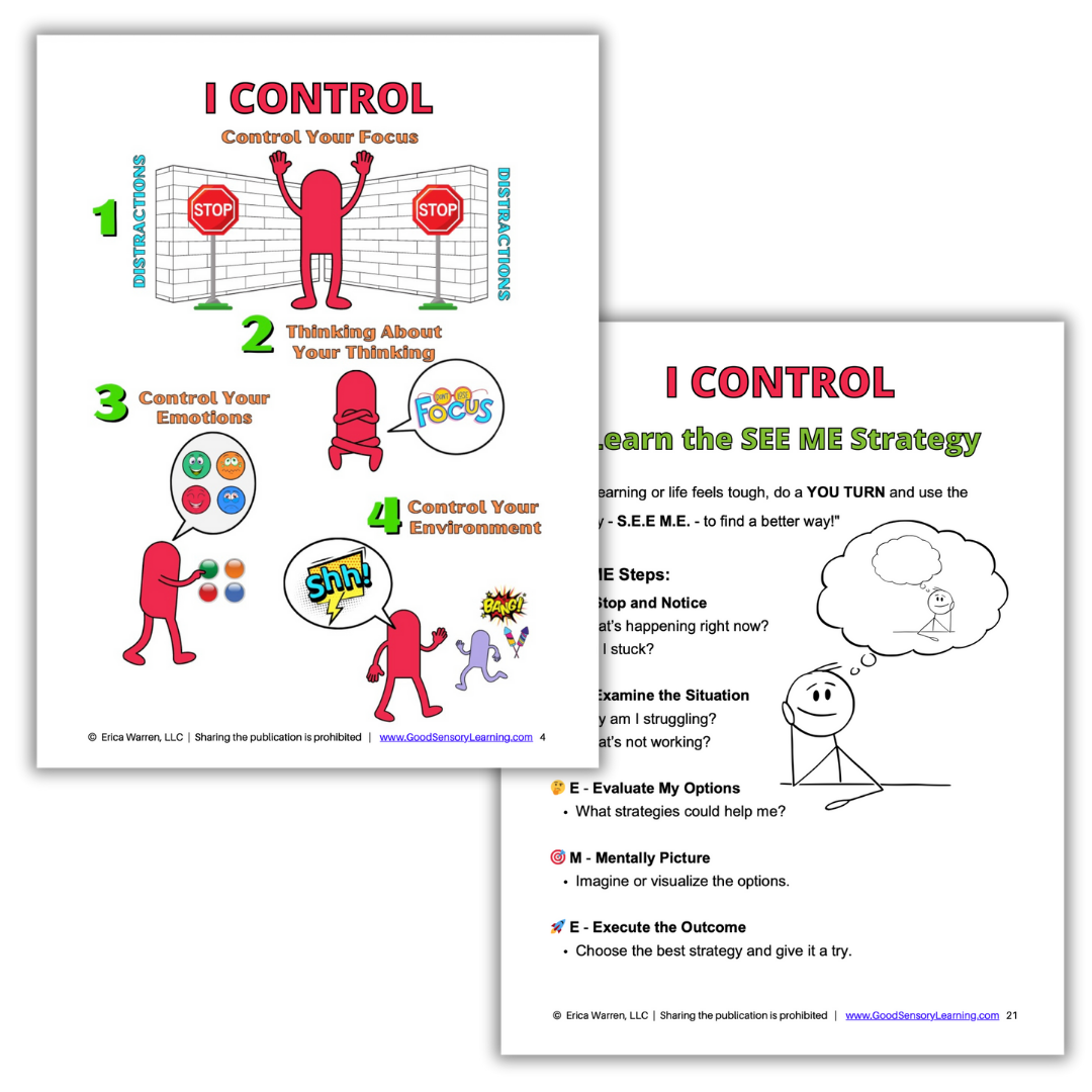 Sample pages from Inhibitory Control Workbook on how to control one's focus.