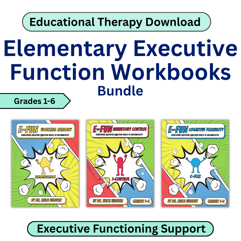 Cover of Elementary Executive Function Workbooks Bundle with colorful covers and text.