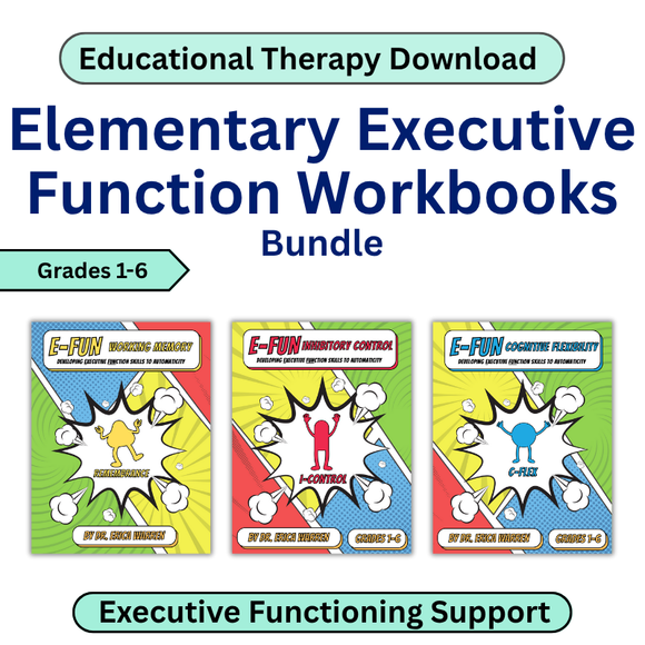 Cover of Elementary Executive Function Workbooks Bundle with colorful covers and text.