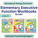Cover of Elementary Executive Function Workbooks Bundle with colorful covers and text.
