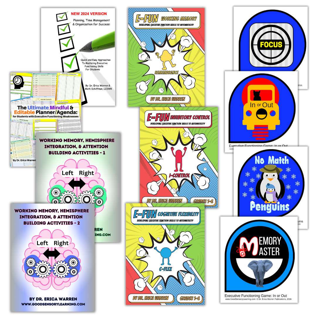Executive functioning resources by Dr. Erica Warren, including E-FUN workbooks, working memory and attention activities, mindful planners, and executive functioning games for students.