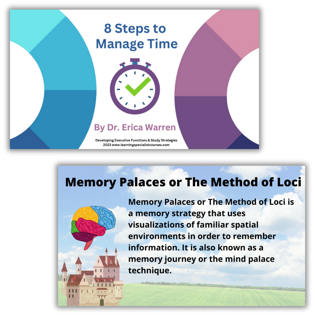 Educational slides by Dr. Erica Warren featuring “8 Steps to Manage Time” and a visual explanation of the Memory Palace (Method of Loci) strategy for learning and executive functioning.