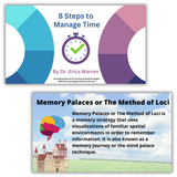 Educational slides by Dr. Erica Warren featuring “8 Steps to Manage Time” and a visual explanation of the Memory Palace (Method of Loci) strategy for learning and executive functioning.
