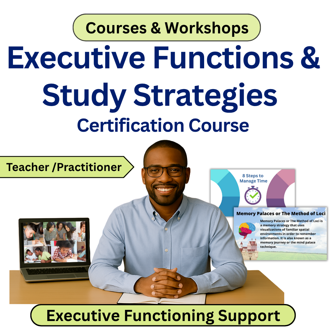 Advertisement for an executive functions and study strategies certification course with a man sitting at a desk.