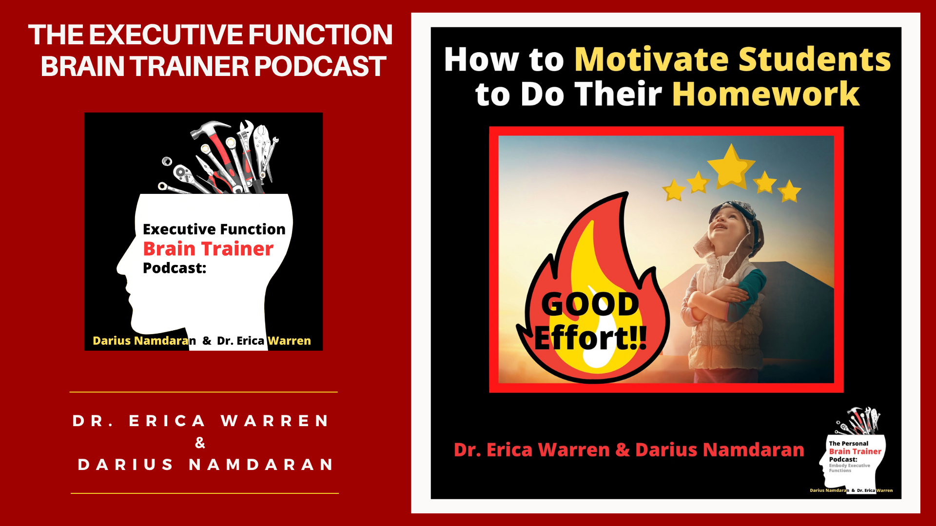 Podcast on student motivation and homework with titles and authors on a red background