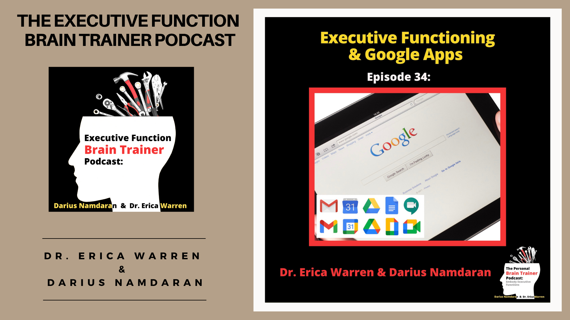 Promotional graphic for 'The Executive Function Brain Trainer Podcast' on Google apps with episode details and branding.