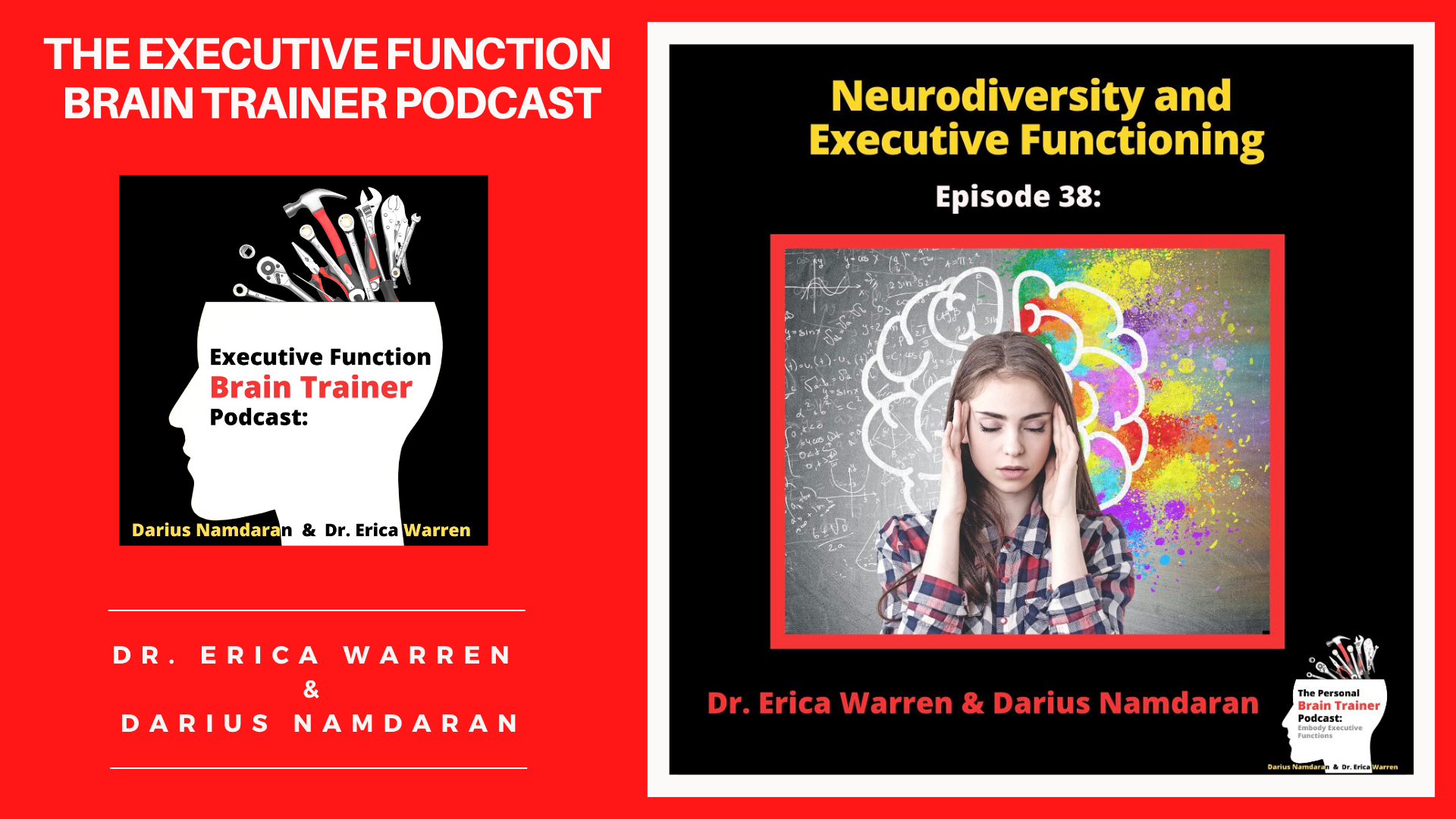 Promotional graphic for 'The Executive Function Brain Trainer Podcast' with episode details on neurodiversity and executive functioning.