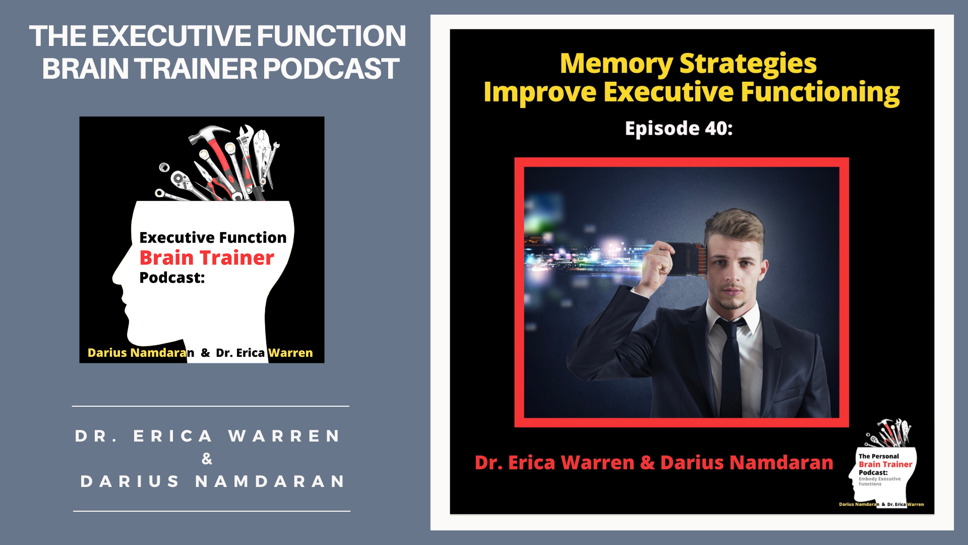 Promotional graphic for 'The Executive Function Brain Trainer Podcast' with a focus on memory strategies and executive functioning.