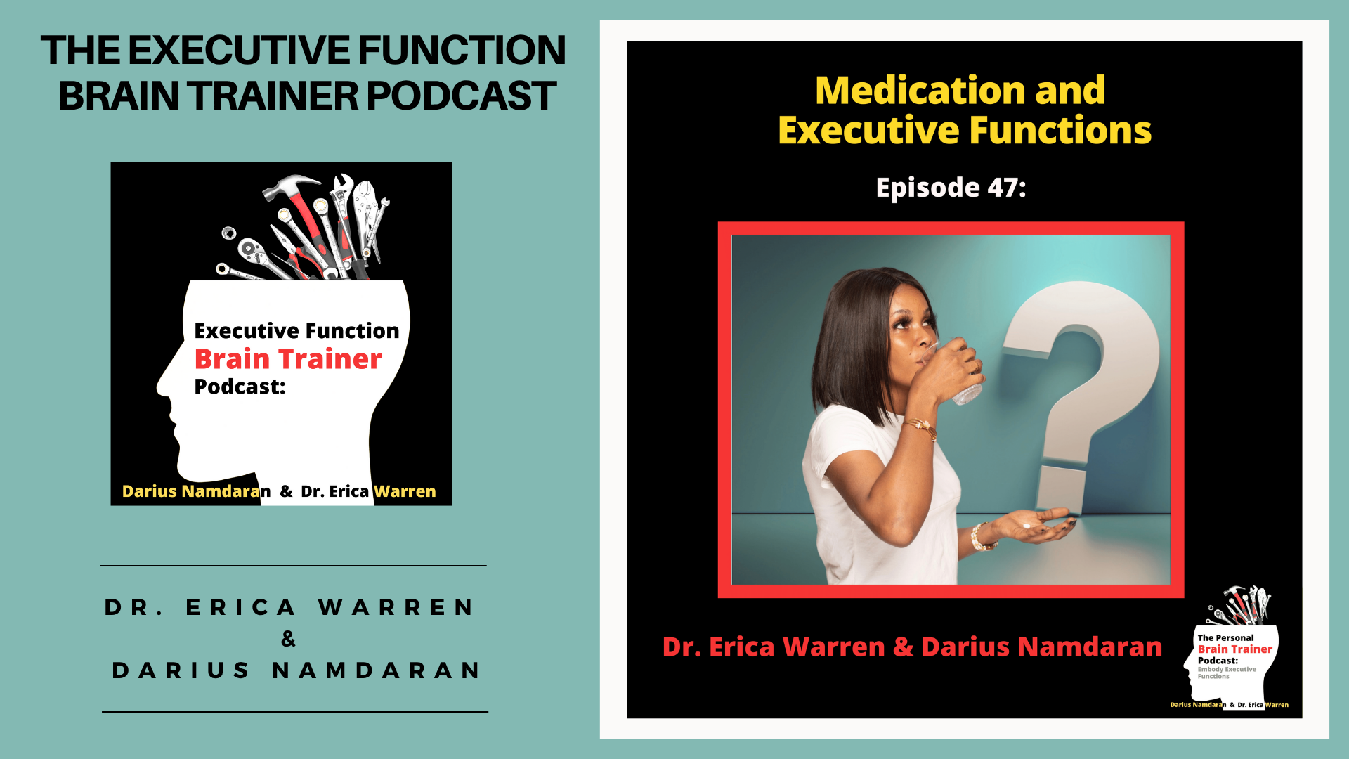 Promotional graphic for 'The Executive Function Brain Trainer Podcast' on medication and executive functions with episode details and podcast logo.