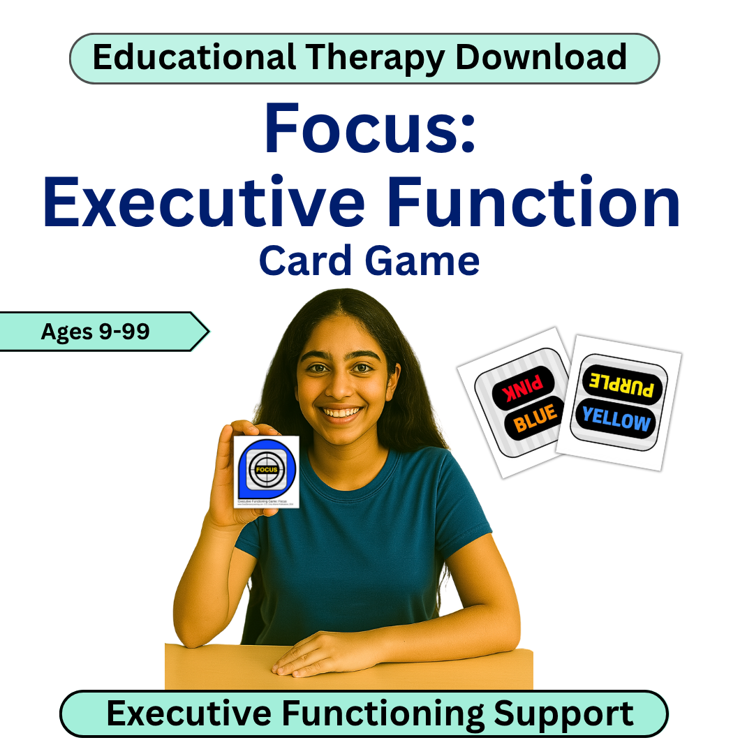 Person holding a card game with text about educational therapy and executive function support.