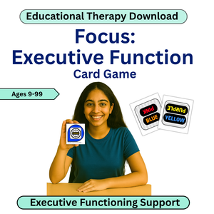 Person holding a card game with text about educational therapy and executive function support.
