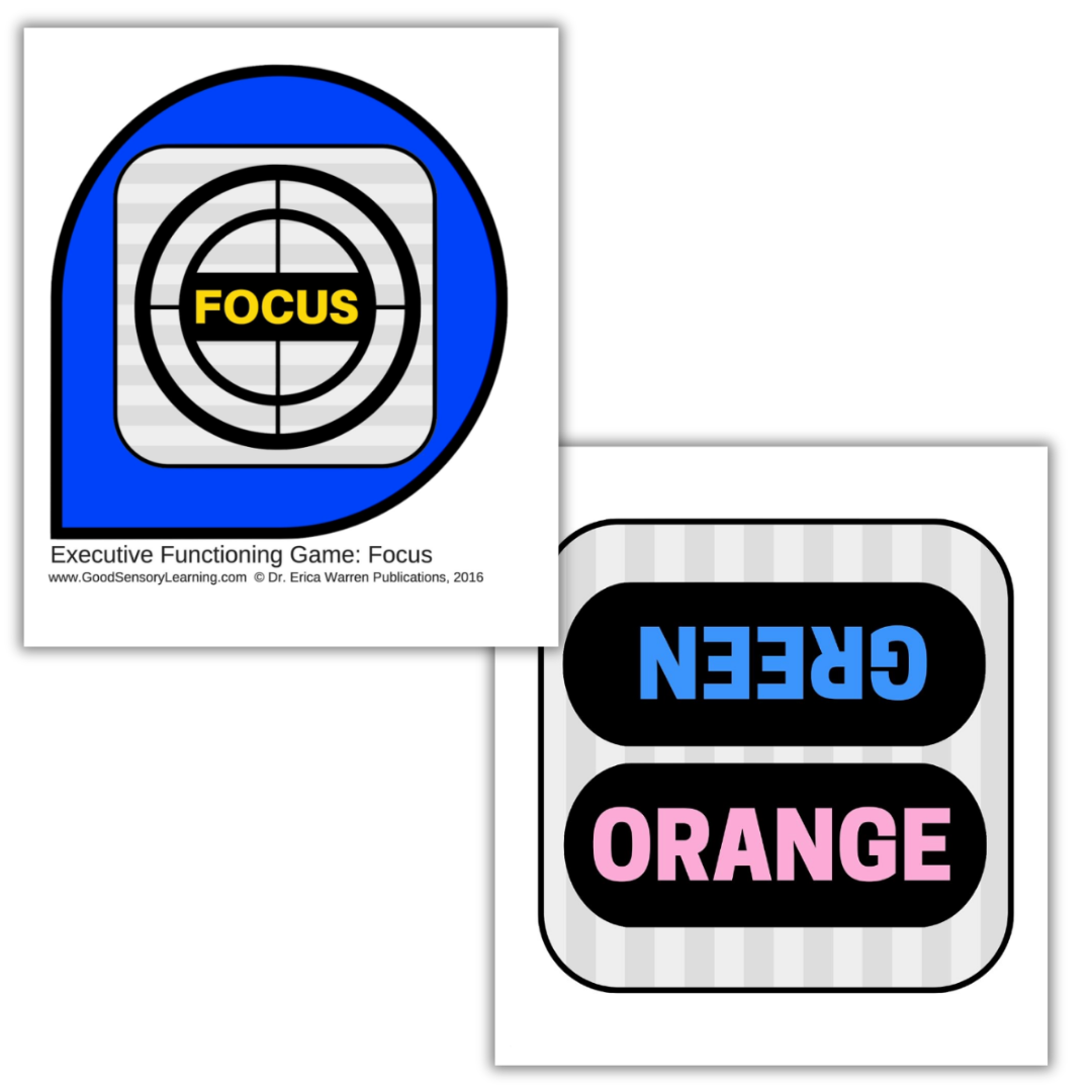 Executive functioning focus game cards by Dr. Erica Warren designed to strengthen attention, self-control, and cognitive flexibility through visual prompts.