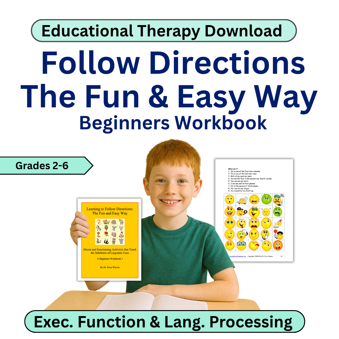 Book cover of 'Follow Directions The Fun & Easy Way' workbook with a child holding the book and a worksheet on a white background.