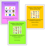 Following directions workbooks by Dr. Erica Warren featuring primary, beginner, and intermediate activities that strengthen listening skills and understanding of linguistic cues.