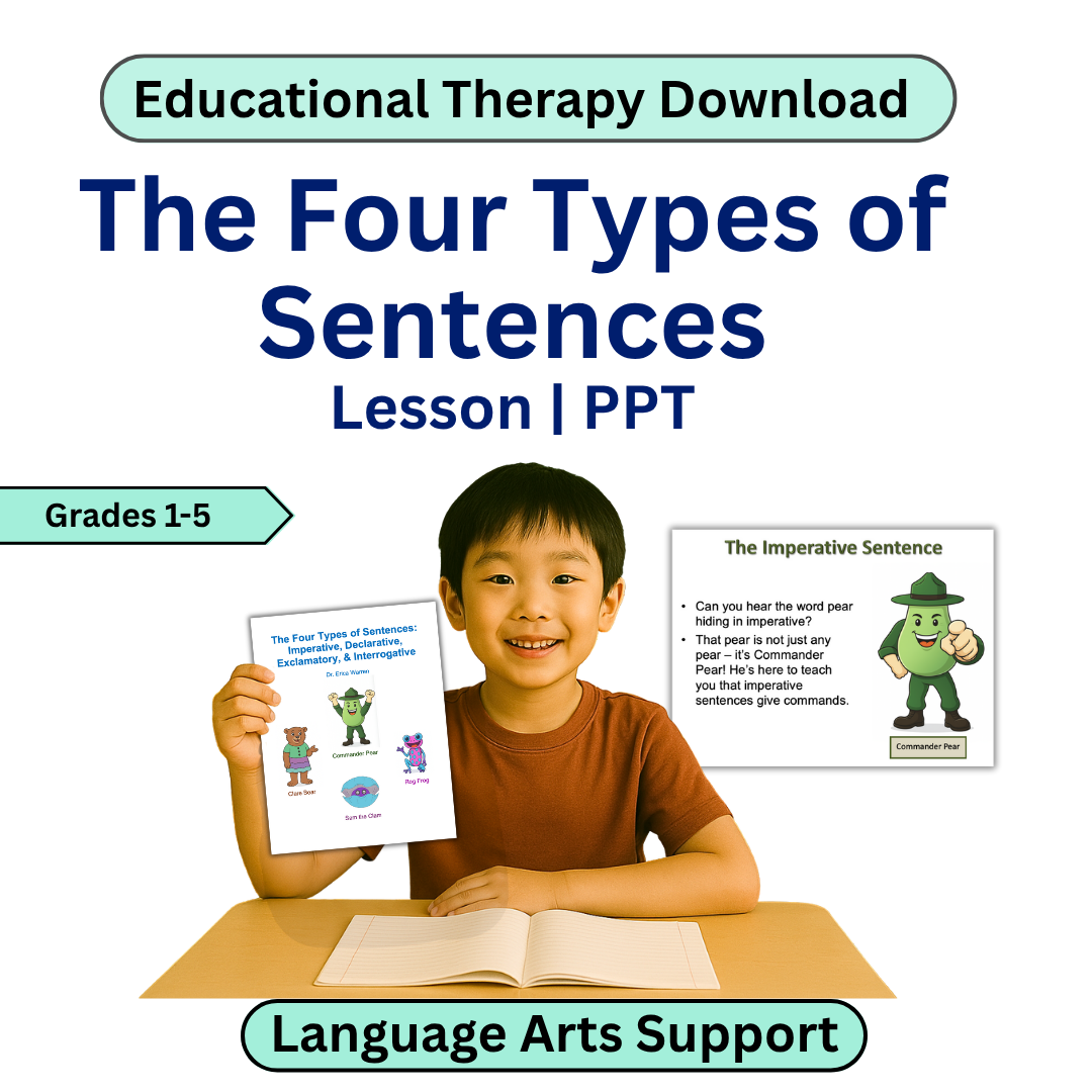 Educational download for 'The Four Types of Sentences' with a child holding a book, suitable for grades 1-5.