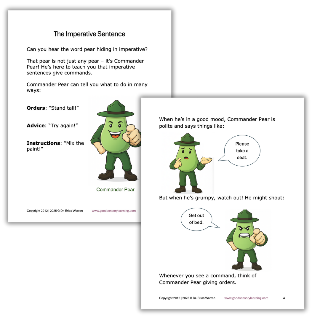 Language arts lesson pages by Dr. Erica Warren teaching imperative sentences using the Commander Pear character and visual memory strategies to explain commands and instructions.