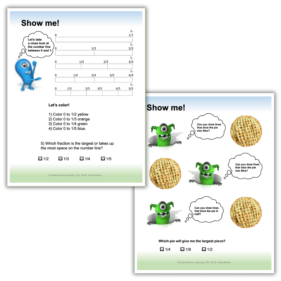 Multisensory fractions lesson pages by Dr. Erica Warren using number lines, visual models, and hands-on activities to build conceptual understanding of fractions.