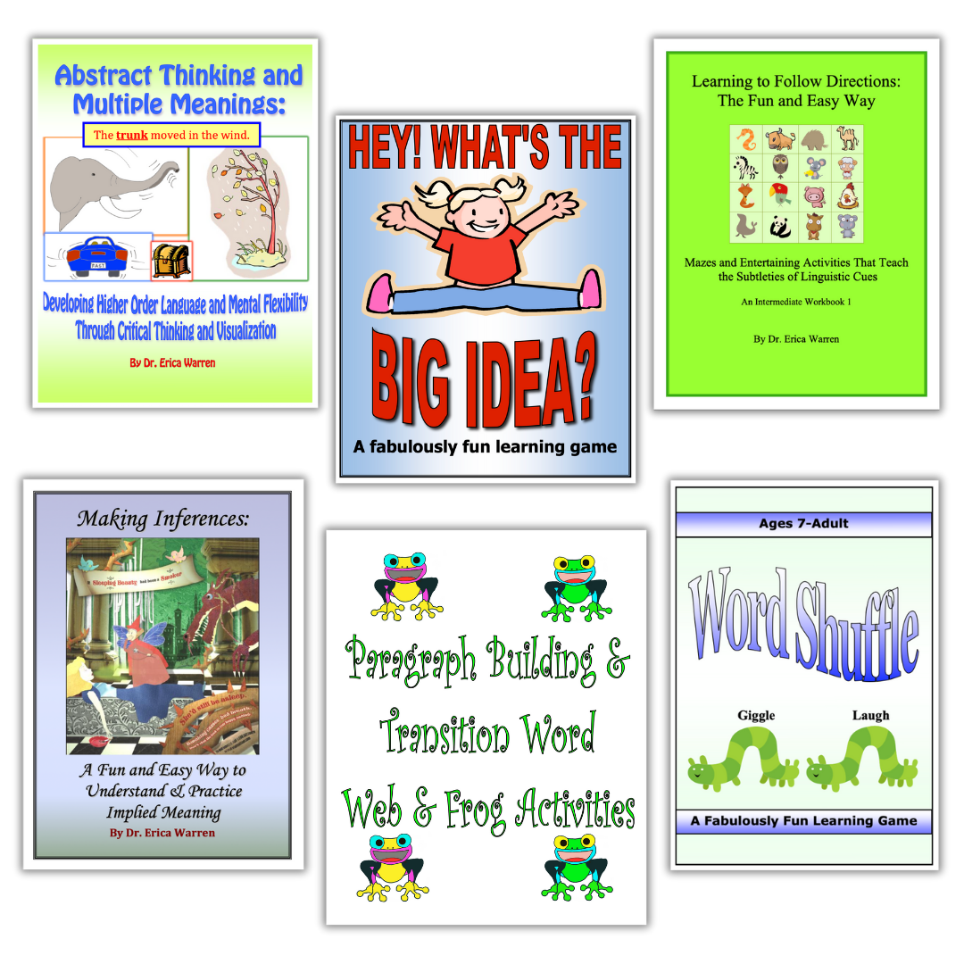 Higher-order language skills bundle featuring games and activities for abstract thinking, main ideas, inferencing, following directions, transitions, and expressive language development
