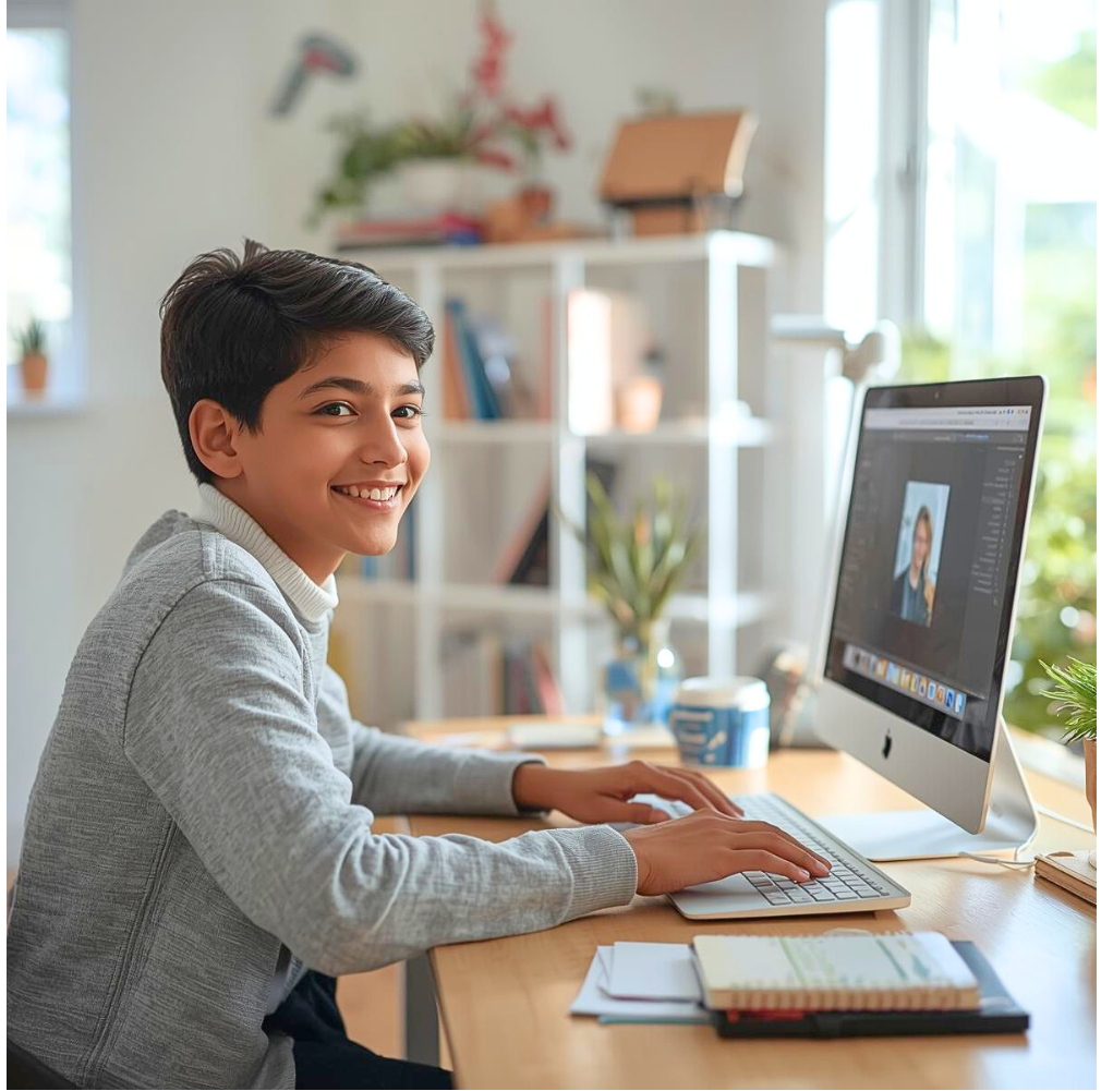 A smiling child sits at a desk using a desktop computer for online learning, with notebooks and study materials in a bright home workspace.