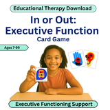 Card game for executive function support with a child holding a card, educational therapy download text, and cards displayed.