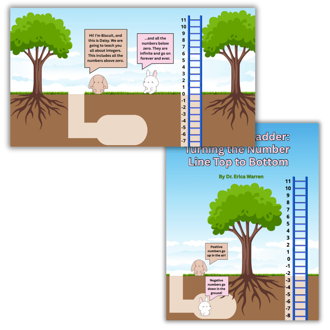 Integer number line lesson using a ladder and ground-to-sky visual metaphor to teach positive and negative integers in a concrete, student-friendly way