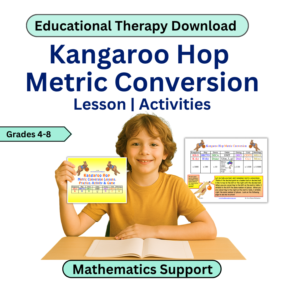 Educational material for metric conversion with a child holding a worksheet, titled 'Kangaroo Hop Metric Conversion'.