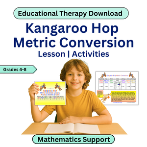 Educational material for metric conversion with a child holding a worksheet, titled 'Kangaroo Hop Metric Conversion'.
