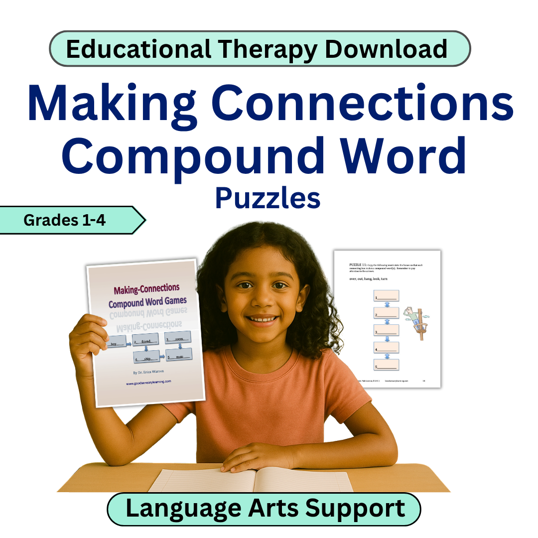Educational download for making connections compound word puzzles with a child holding a worksheet.