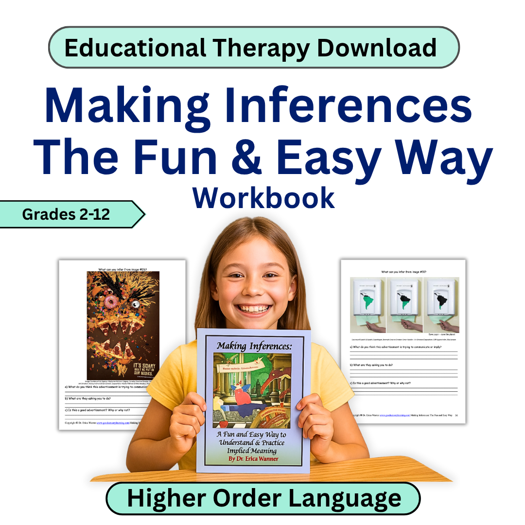 Workbook cover titled 'Making Inferences The Fun & Easy Way' with a girl holding the book, educational therapy download for grades 2-12.