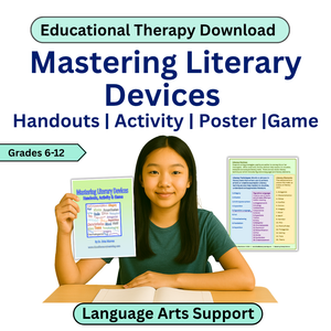 Educational material for mastering literary devices with a girl holding a book titled 'Mastering Literary Devices'.