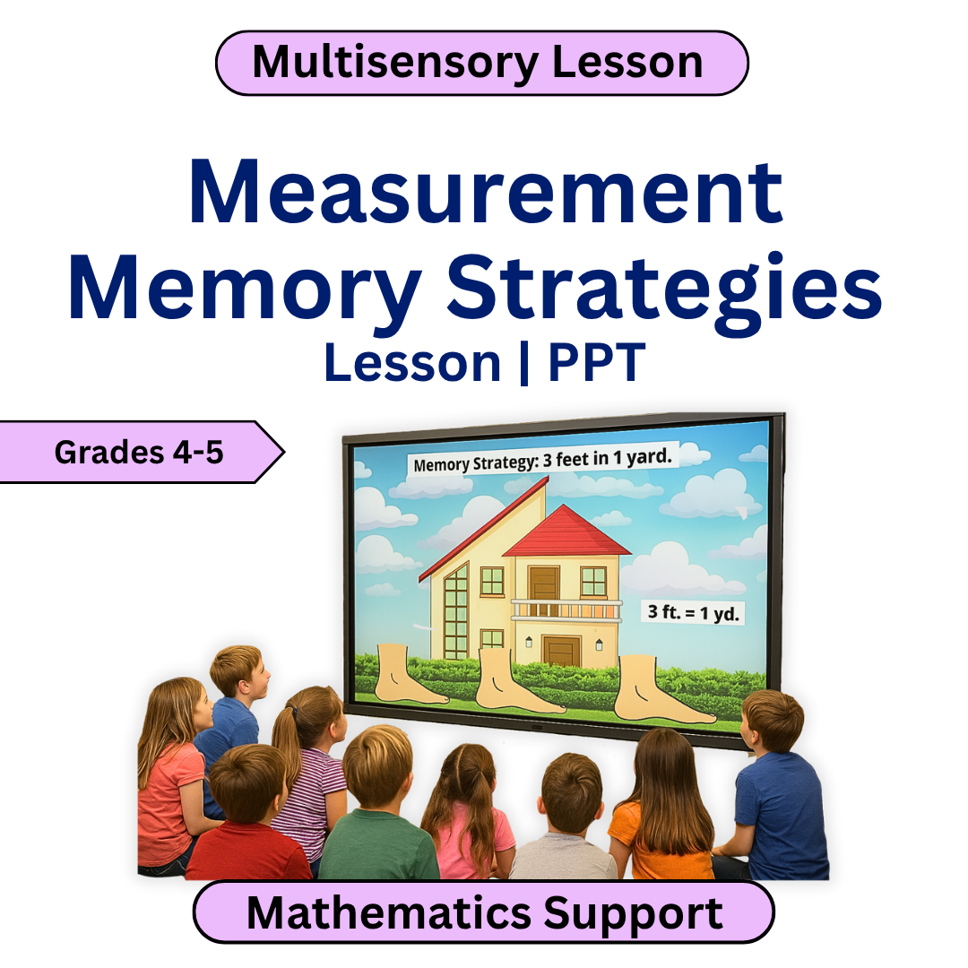 Educational PowerPoint slide on measurement memory strategies with children watching a screen.