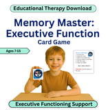 Card game packaging for 'Memory Master: Executive Function' with a child holding the game box.