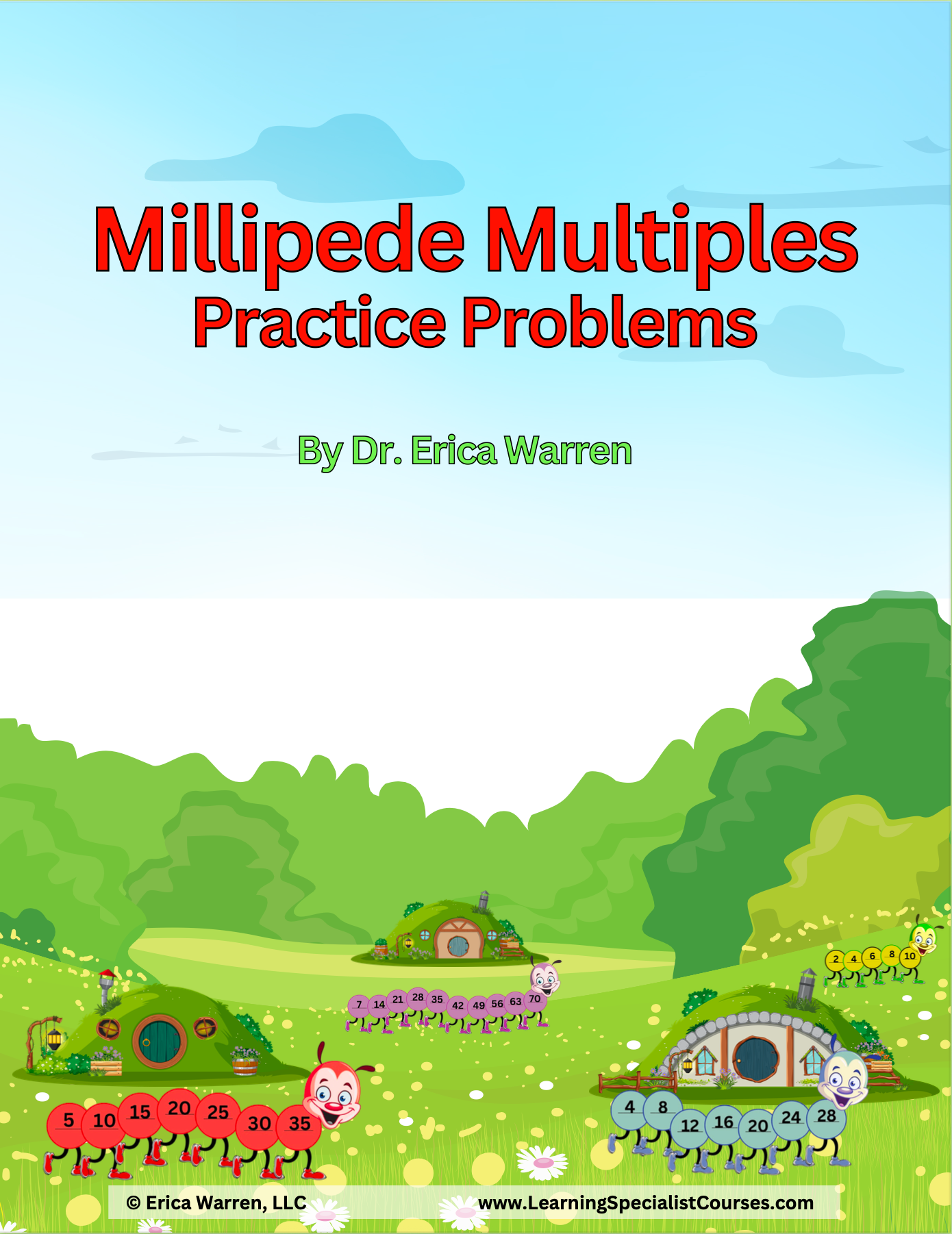 A pasture with cartoon millipedes with multiples on their body segments.