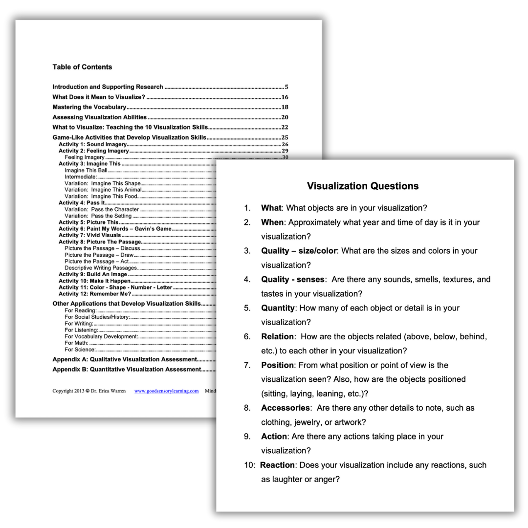 Mindful visualization teaching guide with table of contents and reflective questions that help students build mental imagery, sensory detail, and visualization-based learning skills