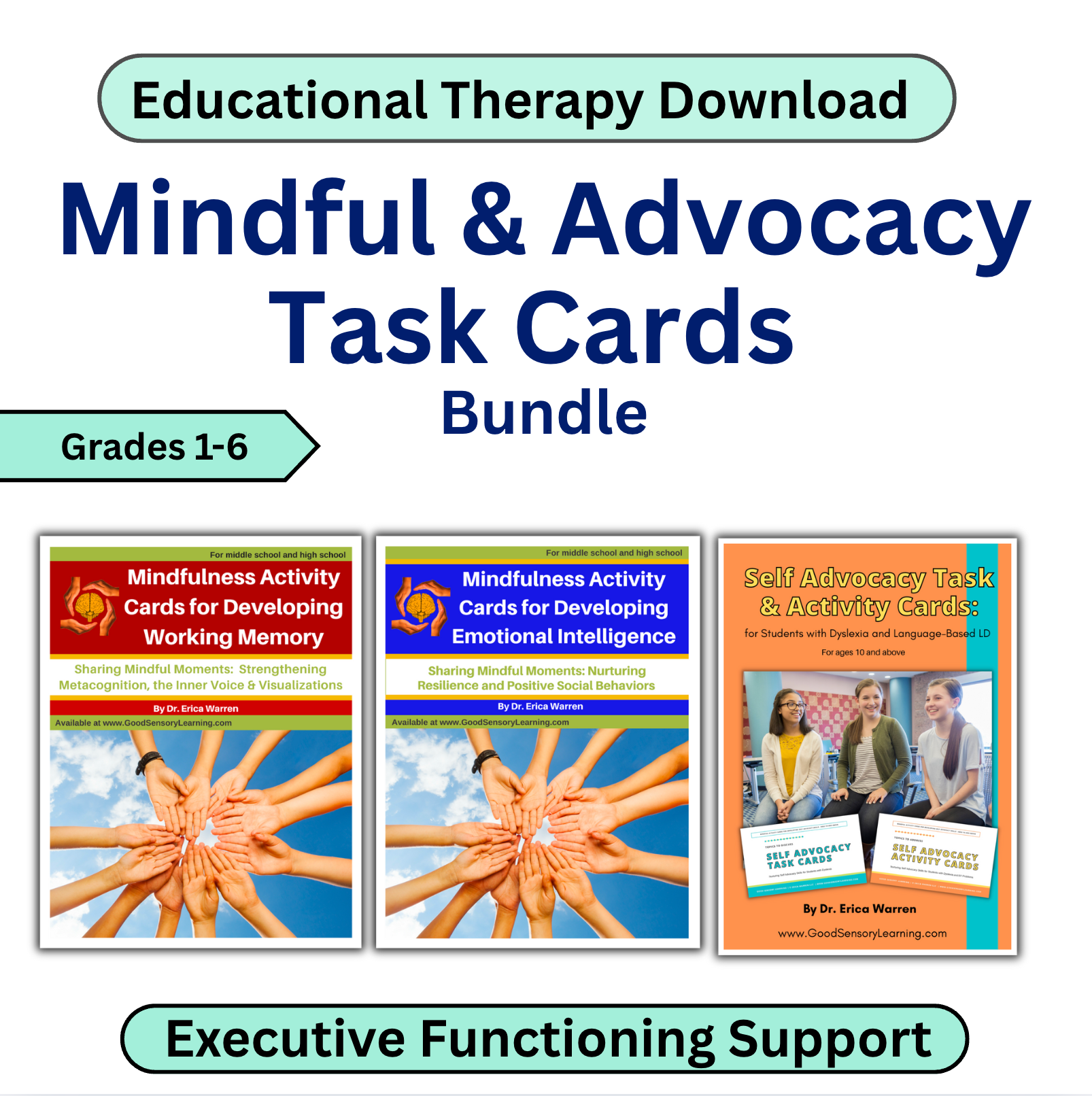 Educational therapy download for mindful and advocacy task cards bundle with images of card sets.