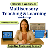 Advertisement for a multisensory teaching and learning workshop with a woman at a desk.