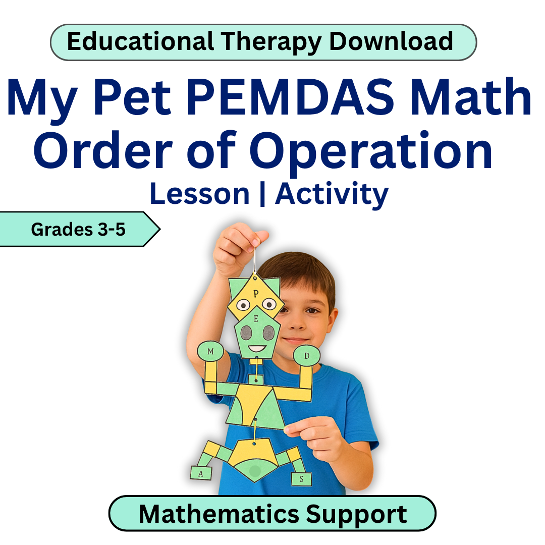 Educational material for teaching PEMDAS order of operations with a child holding a colorful math-themed character.