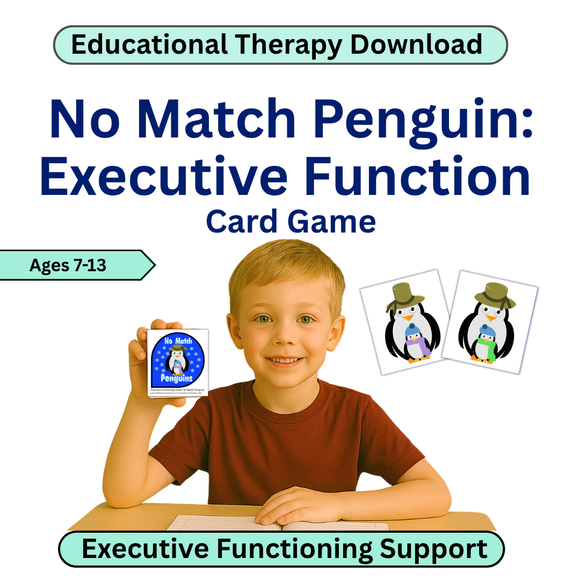 Card game packaging for 'No Match Penguin: Executive Function' with a child holding a card, on a white background.