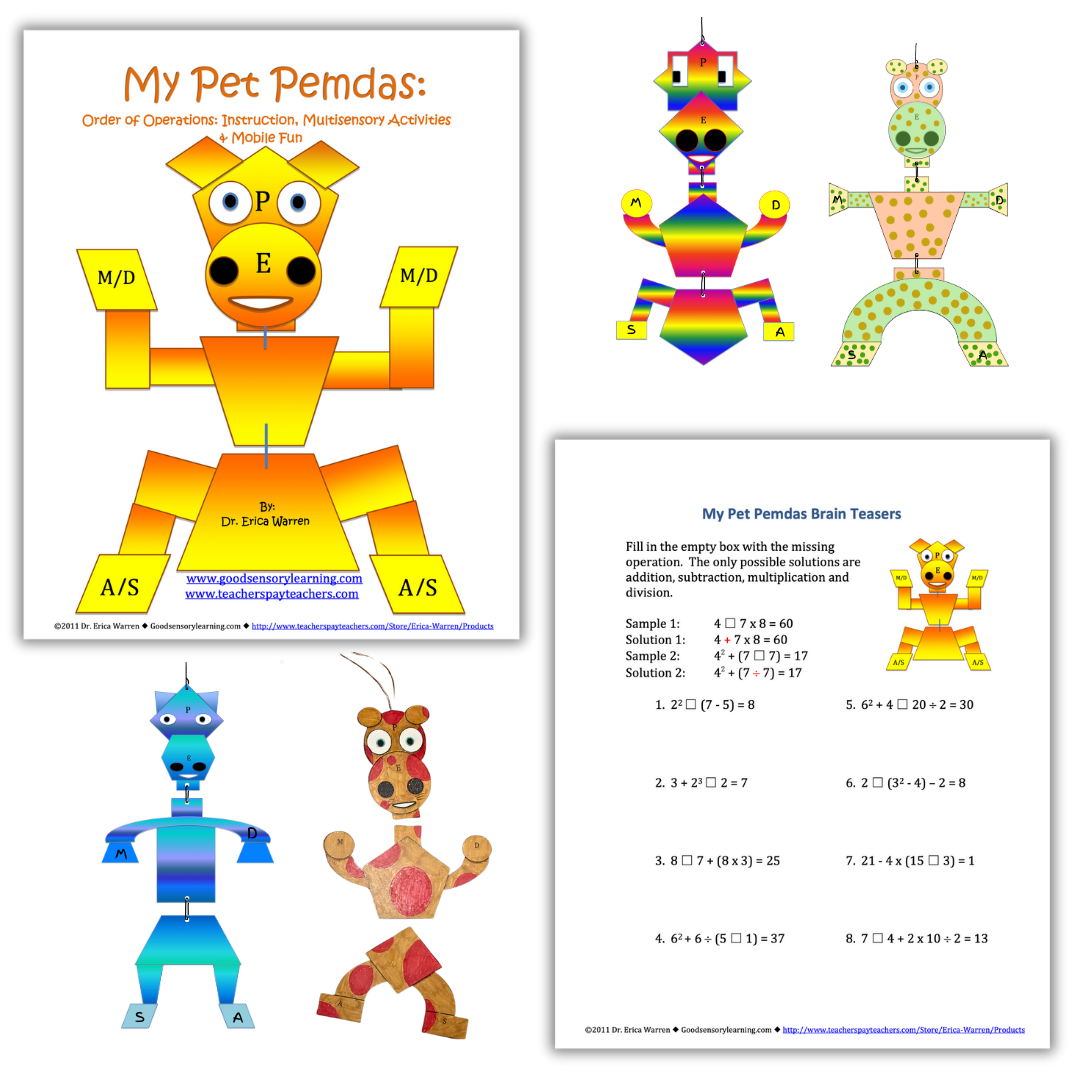 My Pet PEMDAS multisensory math resource using playful character models and hands-on activities to teach the order of operations through visual, tactile learning