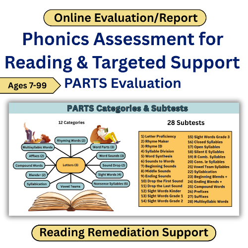 Phonics assessment chart for reading and targeted support with categories and subtests listed.