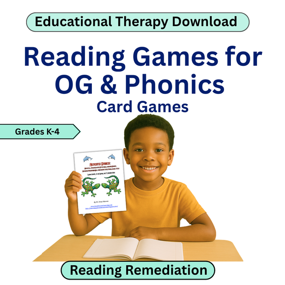 Child holding a book titled 'Reading Games for OG & Phonics Card Games' with educational text above. 