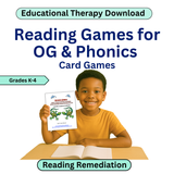Child holding a book titled 'Reading Games for OG & Phonics Card Games' with educational text above. 